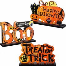 3 Happy Halloween Table Decorations, Pumpkin Table Centerpieces Boo Sign Wooden  - £15.97 GBP