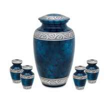 Set of Blue &amp; Silver Aluminum Cremation Urns for Ashes - Adult &amp; 4 Keepsakes - £169.05 GBP