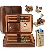 Leather PU Cigar Humidor Set with Lighter Cutter Punch Cedar Travel Case  - $85.00
