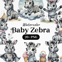 Bundle Watercolor Cute Zebra Clipart PNG - £2.35 GBP