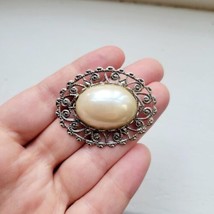 Vintage Faux Pearl Ornate Filigree Oval Boucher Brooch Pin - $24.99