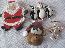 Lot Of 4 Vintage Christmas Pins Brooches Santa Angel Skating Penguins Bear Mixed - £10.21 GBP
