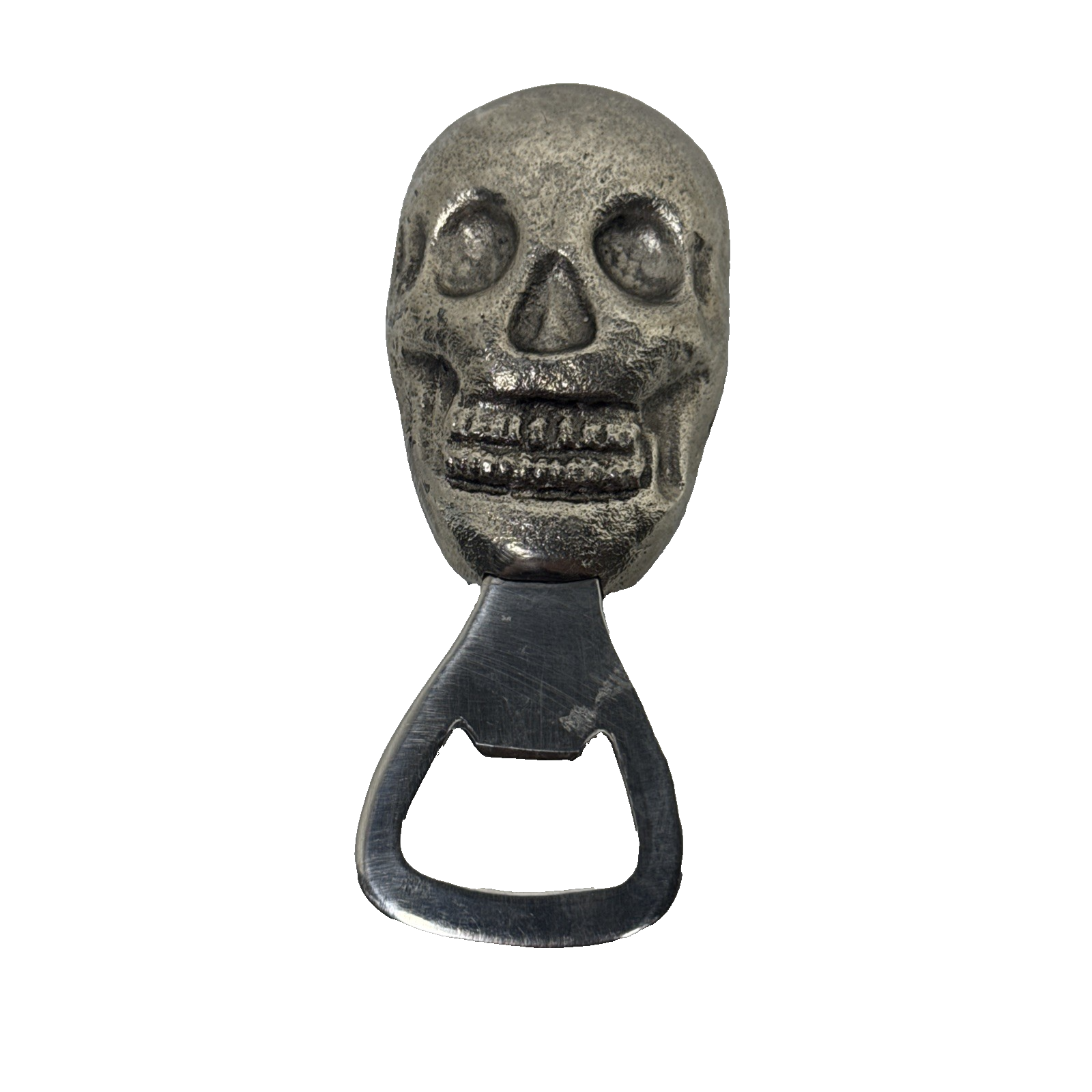 Silver Tone Metal Bone Chilling Grinning Skull Skeleton Beer Bottle Cap ... - $9.99