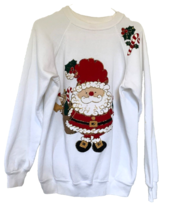 Vintage 90s Custom Made Santa Candy Cane Sweatshirt White XL Holiday Made in USA - $24.15