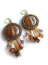 Brown Earrings, Moon Face Earrings, Moon Goddess, Sun Face Earrings, Beadwork  - £30.37 GBP