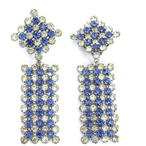 vtg Earrings Statement Blue Clear Stepped Rhinestones Clip Back White Me... - $55.98