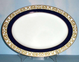 Mikasa Lily Moire Oval Serving Platter 15&quot; Gold Scrolls Blue Band NEW in... - £51.35 GBP