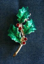 AAi Vintage Glitter Enamel &amp; Red Rhinestone Silver-tone Holly Christmas Brooch - £10.16 GBP