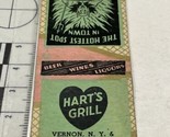 Vintage Matchbook Cover  Hart’s Grill. restaurant   Vernon, NY   gmg  Un... - £9.71 GBP