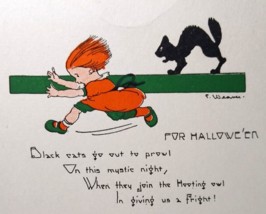 Halloween Postcard Girl Run From Black Cat Weaver Series 2399 Fantasy Original - £35.18 GBP