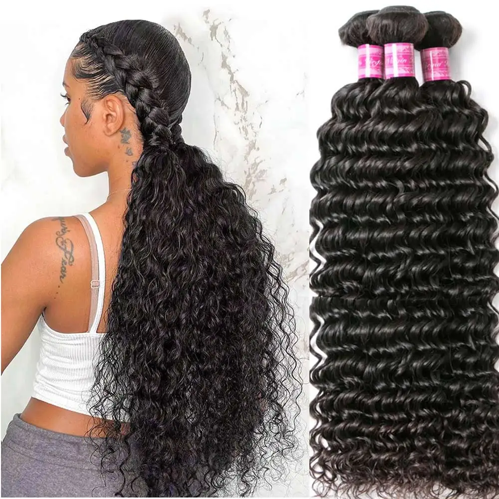 30 32 Inch Deep Wave Bundles Human Hair Extensions Brazilian Weaving 1/3/4 PCS - £234.87 GBP