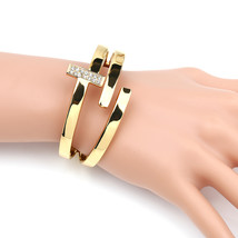 Gold Tone Hinged T-Bar Bangle Bracelet With Swarovski Style Crystals - £25.69 GBP