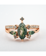 Marquise Moss Agate Ring with Moissanite Nature-Inspired Design Rose Gol... - $350.00+
