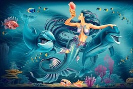 Artwork Wall Decor Mermaid And Dolphin Painting Printed Canvas Giclee - £7.58 GBP+
