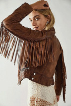 Women&#39;s Brown Lambskin Leather Fringed Jacket Handmade Stylish New Fashi... - £100.90 GBP+