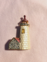 Vintage Enameled Lighthouse Brooch Pin with Rhinestones - £9.47 GBP