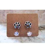 Paw Earrings Telephone Style Black Paw Dog Cat Multi color crystals Silv... - $20.00