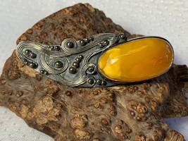 Vtg Sterling Silver Pin Brooch 9.73g Fine Jewelry Amber Color Stone Hand... - £63.76 GBP