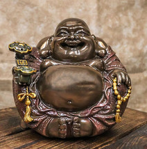 Feng Shui Hotei Laughing Happy Buddha with Gold Ingot and Prayer Beads Figurine - £39.32 GBP
