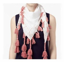 STEVE MADDEN Cotton Lawn Running Stitch Tassel Square Scarf Wrap Pareo, Pink Whi - £12.67 GBP