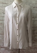 Chicos 2 Beige Metallic Sheer Striped Blouse Button Pockets Roll Tab Long Sleeve - £22.81 GBP