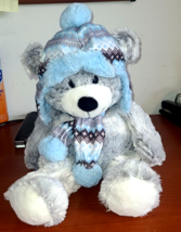 HUG FUN GREY TEDDY BEAR  With  SCARF AND HAT 16 INCH Winter Christmas - £16.43 GBP