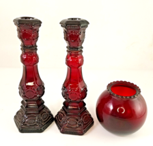 Avon Candle Set Red Ruby Glass Votive Bowl + 2 Candle Holders Vintage  OBO - $18.00