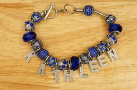 Costume Jewelry Blue Rhinestone Charm Bracelet Name KATHLEEN Euro Style 8-9&quot; - £19.77 GBP
