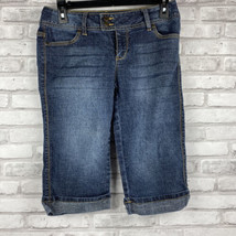 SO Denim Capris Size 5 Juniors Womens Cuffed Medium Wash Brown Stitching - £11.95 GBP