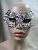 Silver Metal Filigree Eye Mask Blue Stones Renaissance Royal Masquerade ... - $13.80 CAD