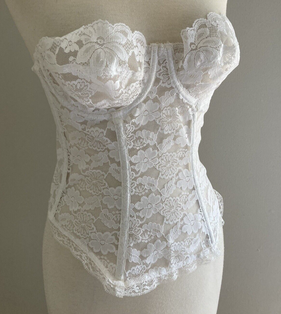 VTG Union USA Made White Lace Long Line  Bra  36  new wo tags Bustier co... - $23.76