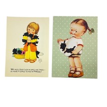 Mabel Lucie Attwell Retro Postcards Girls with Black Kitten Cat Lot of 2 - $22.91 CAD