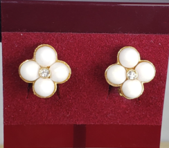 Vintage  1960s Signed YOSCA Gold Tone Crystal  &amp; White Cabochon Clip On ... - $87.47