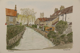 Nunney. Nunney brook. English village. River . Cottages. Watercolour. Pr... - $60.00