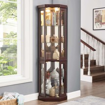 Dark Cherry Lighted Corner Curio Cabinet Glass Display Case - $5,044.31 MXN
