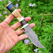 8”CUSTOM HANDMADE DAMASCUS STEEL HUNTING SKINNING KNIFE STAG ANTLER HAND... - $23.72