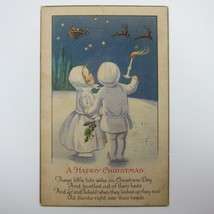 Christmas Postcard Girl &amp; Boy Candle Watch Santa Sleigh Sky Night Antique 1924 - £15.72 GBP