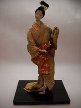 VINTAGE Porcelain JAPANESE Woman Figurine BLACK STAND Attached Kimono FAN - £53.95 GBP