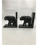 Hand Carved Black Stone Mother &amp; Child Elephant Book Ends Black KG RR29 - $247.50