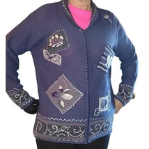 GRAVER STUDIO Womens Blue Embroidered Leaves Fall Winter Zip Up Sweater Size M - £14.70 GBP