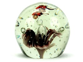 Medium Glass Paperweight, Purple Flower &amp; Bees, Controlled Bubbles, #PW-12 - $29.35