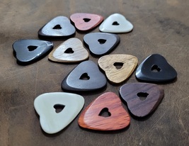 12 Horn Bone Wood Handmade Heart engraved in Heart Shaped Guitar picks p... - £23.43 GBP