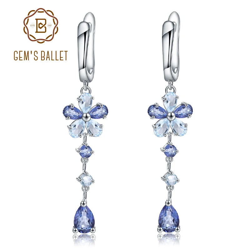 Natural Iolite Blue Mystic Quartz Sky Blue Topaz 925 Sterling Silver Flower Drop - £51.38 GBP