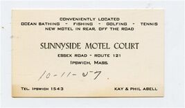 Sunnyside Motel Court Business Card Route 121 Ipswich Massachusetts 1957 - $17.82