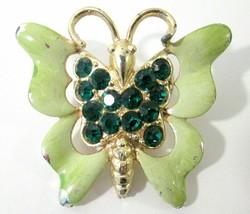 Vintage Green Enamel &amp; Rhinestone Butterfly Brooch Pin - $11.00