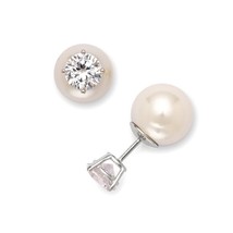 Sterling Silver 6mm Clear CZ with 10mm Simulated White Pearl  Earrings - £22.36 GBP
