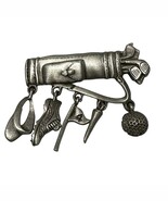JJ Signed Ventage Pewter Tone Golf Bag w/  Dangling Charms Caddy Brooch Pin - $26.60 CAD