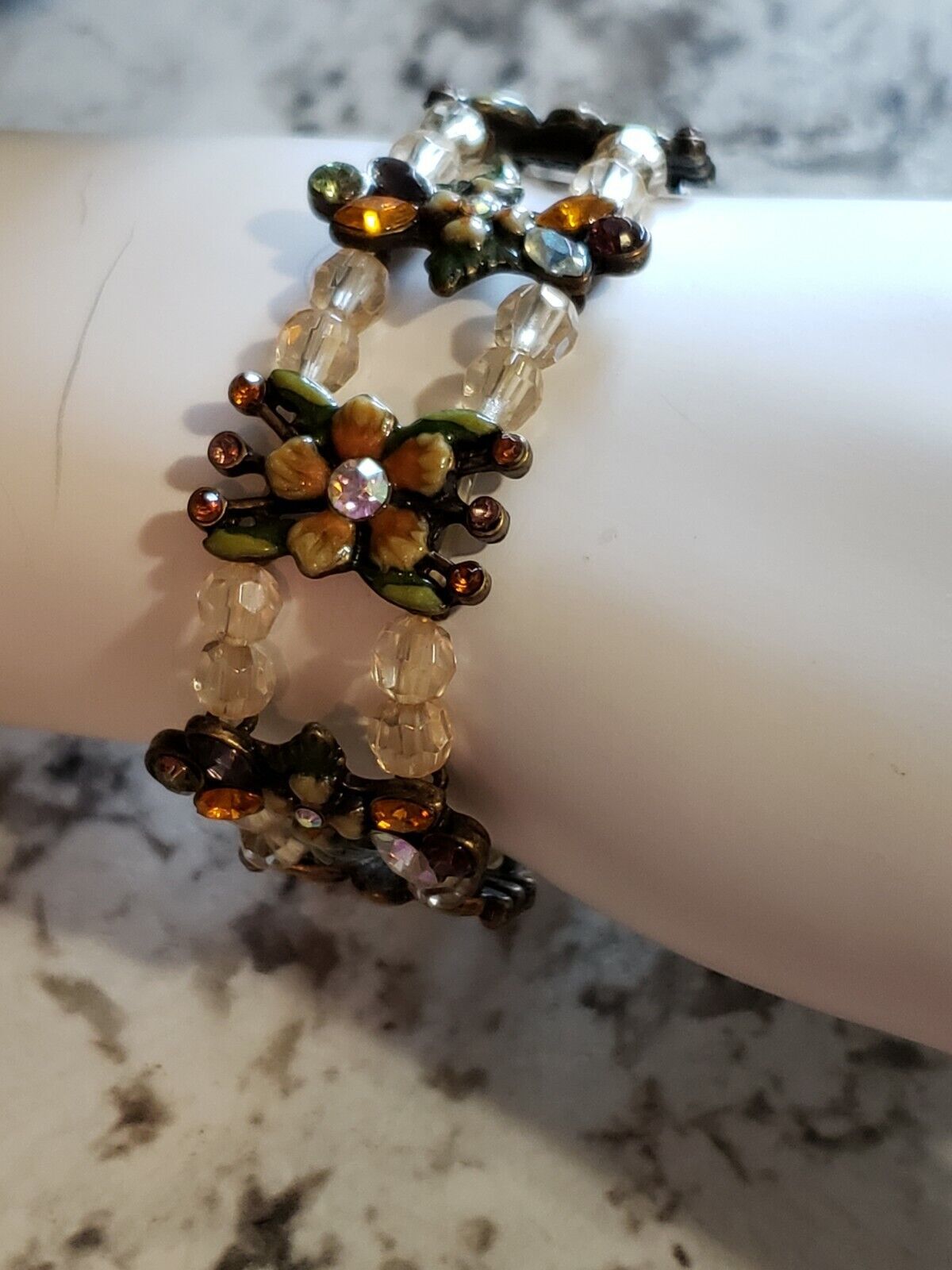 Couture Signed Cookie Lee Amber Stone Glass Crystals stretch Bracelet - $9.50