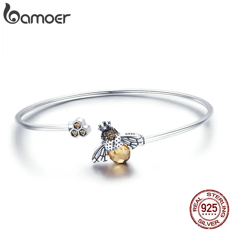925 Sterling Silver Crystal Yellow Bee Bangle Silver Cute Insect Bracelets for W - £30.38 GBP