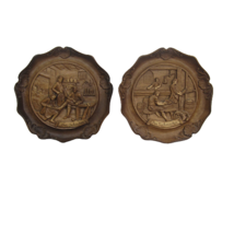 2 Vintage German Souvenir Plates Wood Resin cobbler clothier Medieval Tradesmen - £35.42 GBP